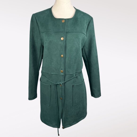 Skye’s The Limit Green Faux Suede Snap Front Longline Jacket Waist Tie Small - Picture 1 of 9
